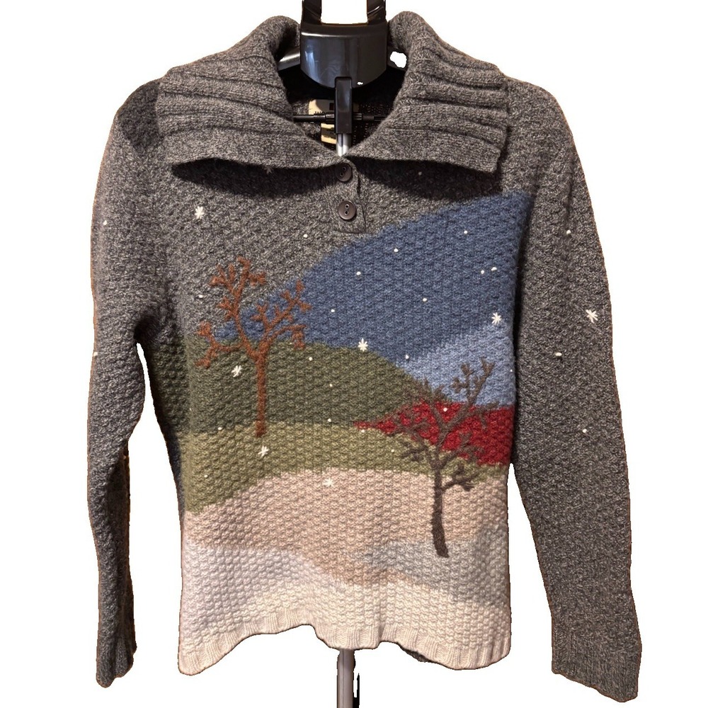Woolrich Womens XL Gray Lambs Wool Snow Tree Christmas 1/4 Button Collar Sweater